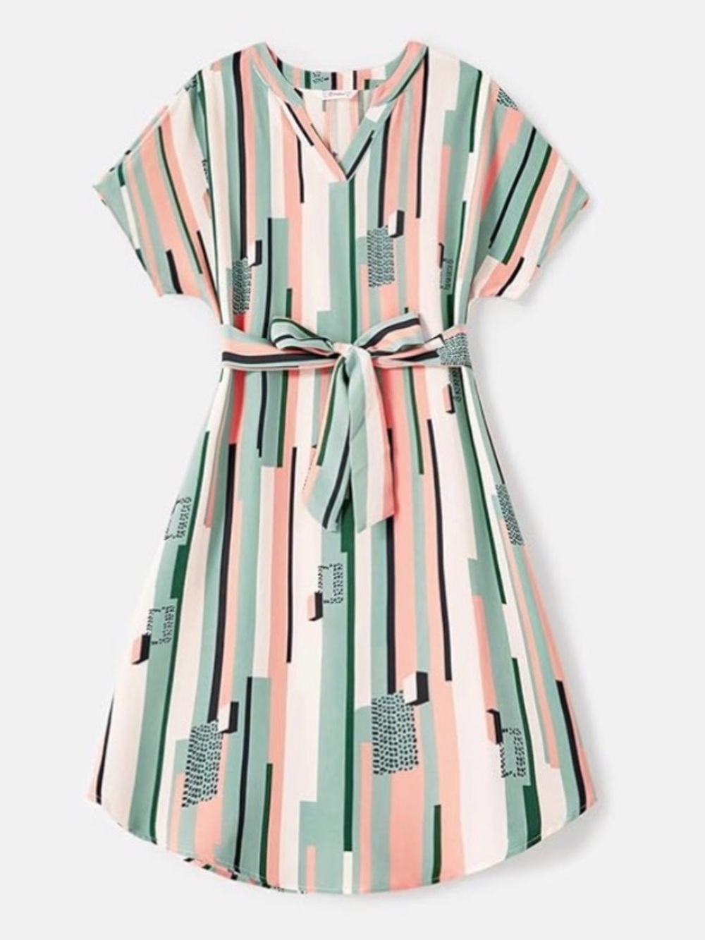 PATPAT Women Geo Print Striped Short Sleeve V Neck Belted Dresses, Size M